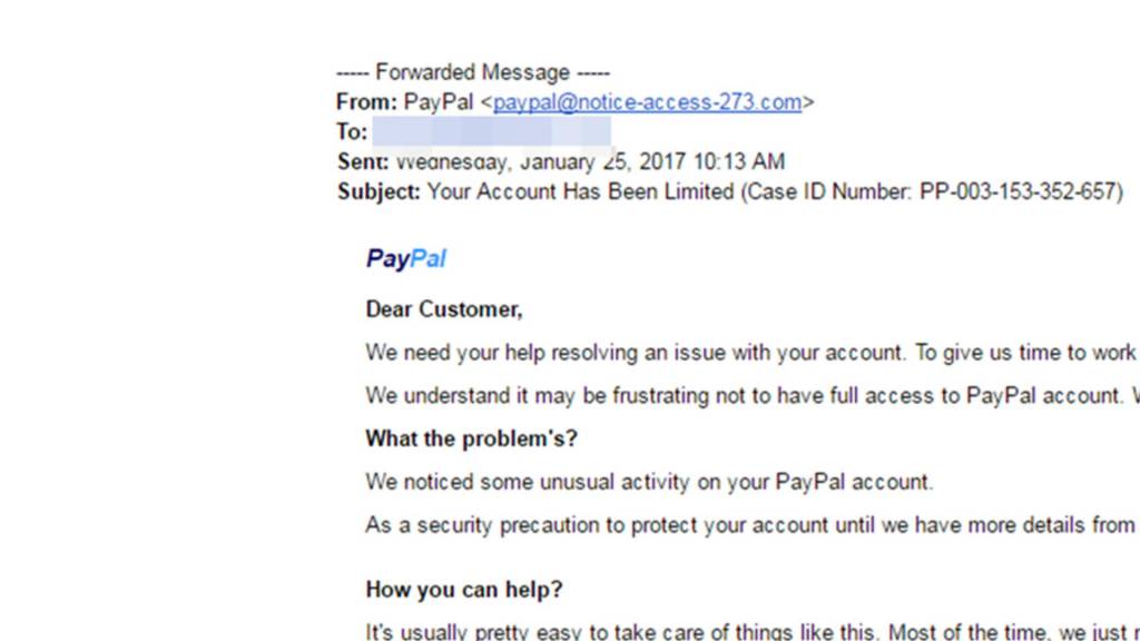 Email giả mạo dịch vụ của Paypal